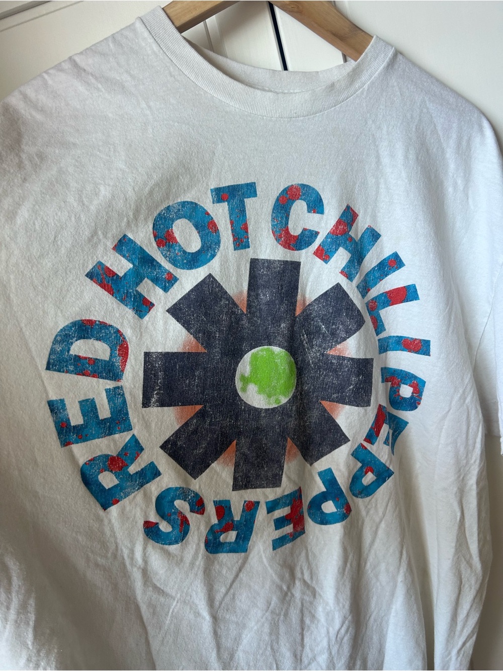 White Graphic Short Sleeve Tee with Blue & Green Print